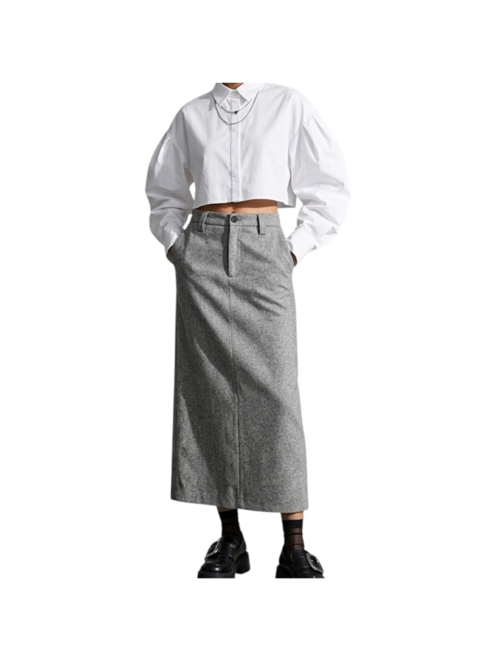 Vintage 90s minimalist wool blend black white straight tweed maxi skirt 6
